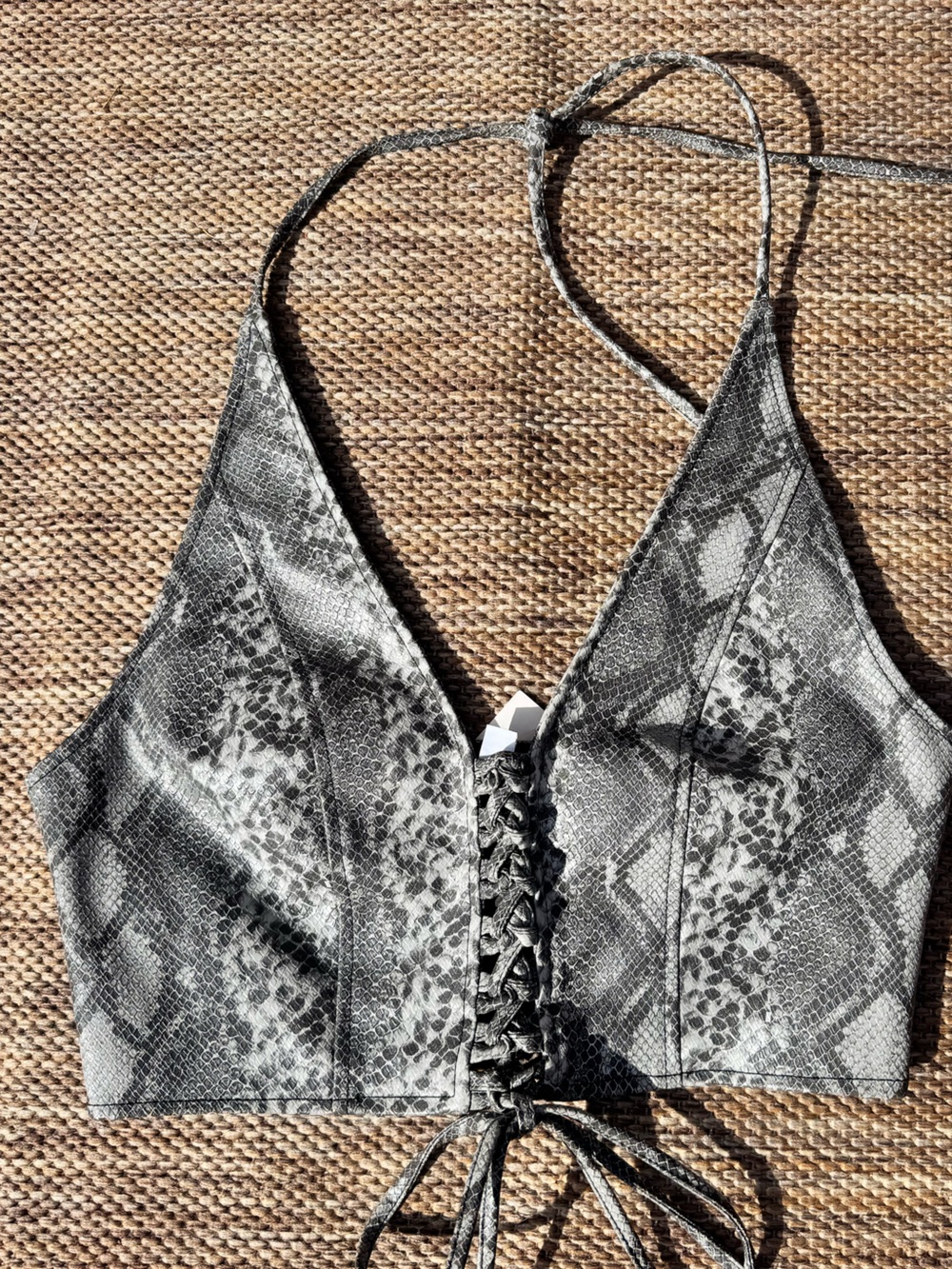 Snake-Print Lace-Up Halter Top - Black